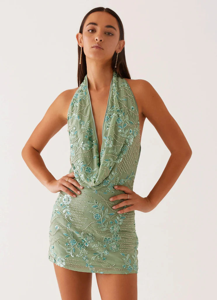 Loverson™ Mint Sparkle Işıltılı Drape Yaka Mini Elbise