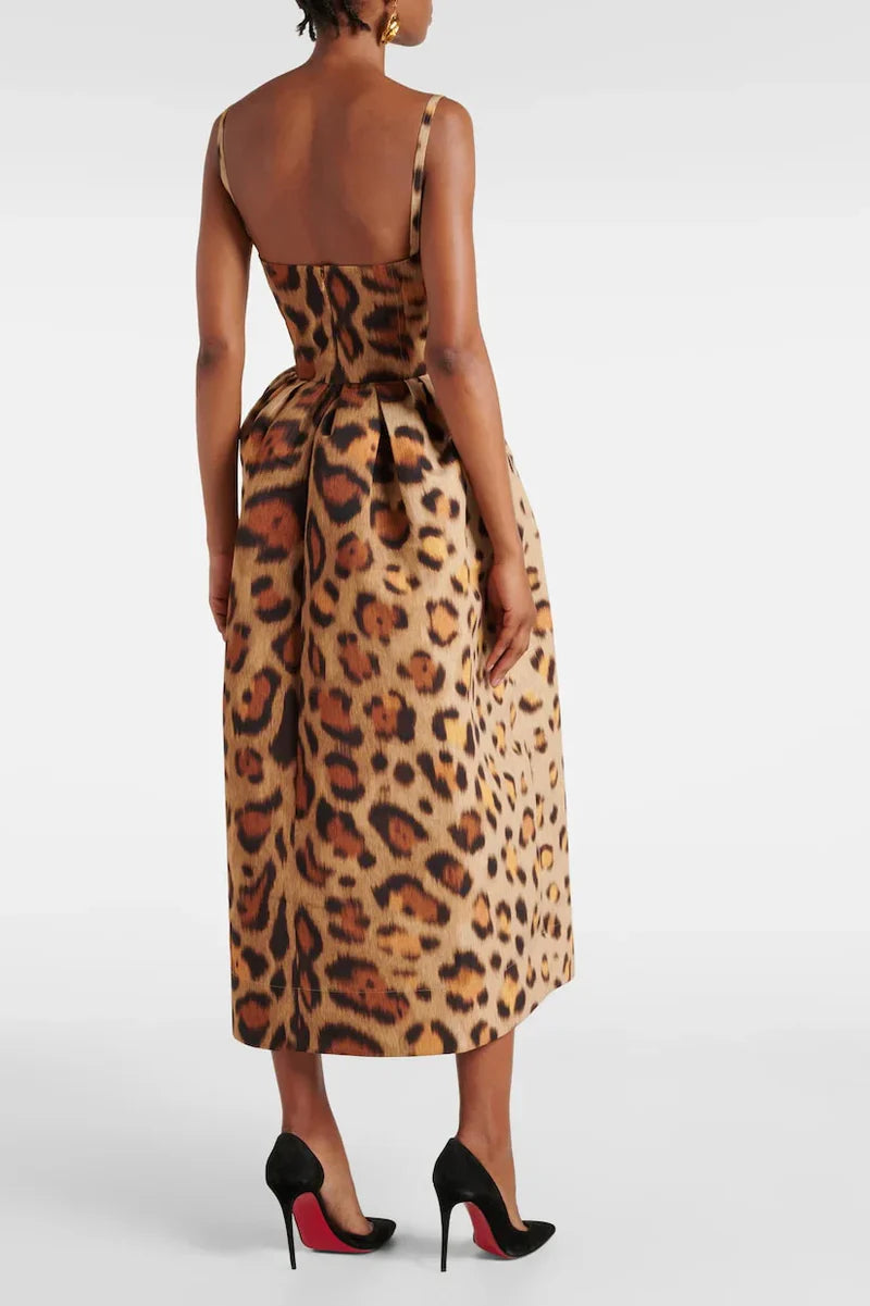 Loverson™ Leopar Desenli Büstiyer Midi Elbise