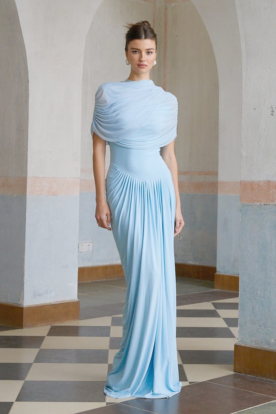 Loverson™ Mavi Asimetrik Pileli Maxi Elbise