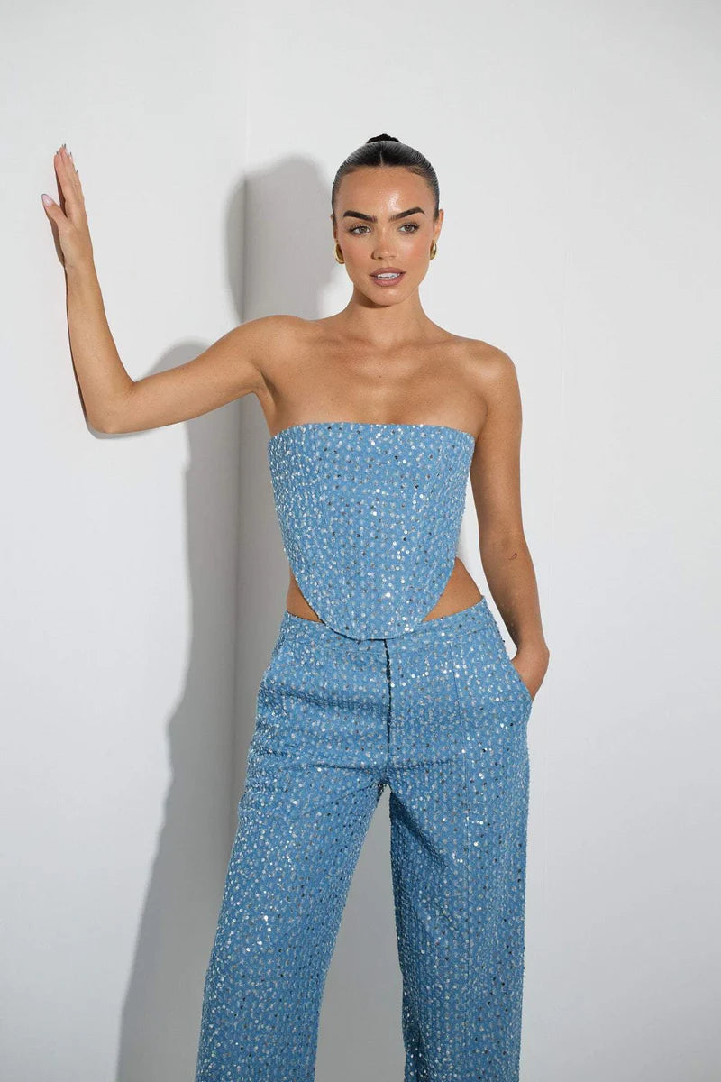Loverson™ Belinda Payetli Kot Pantolon Takım