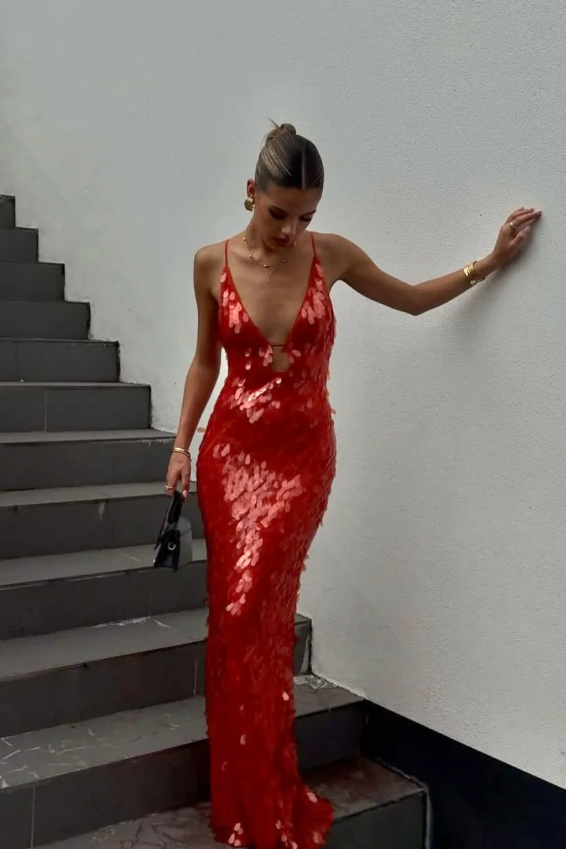 Loverson™ Kailani Işıltılı Balık Form Maxi Elbise
