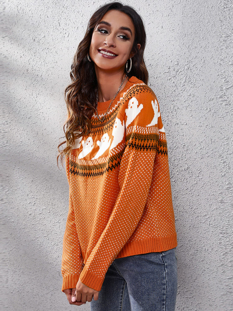 Loverson™ Edebi Retro Hayalet Desenli Yuvarlak Yaka Örme Kazak