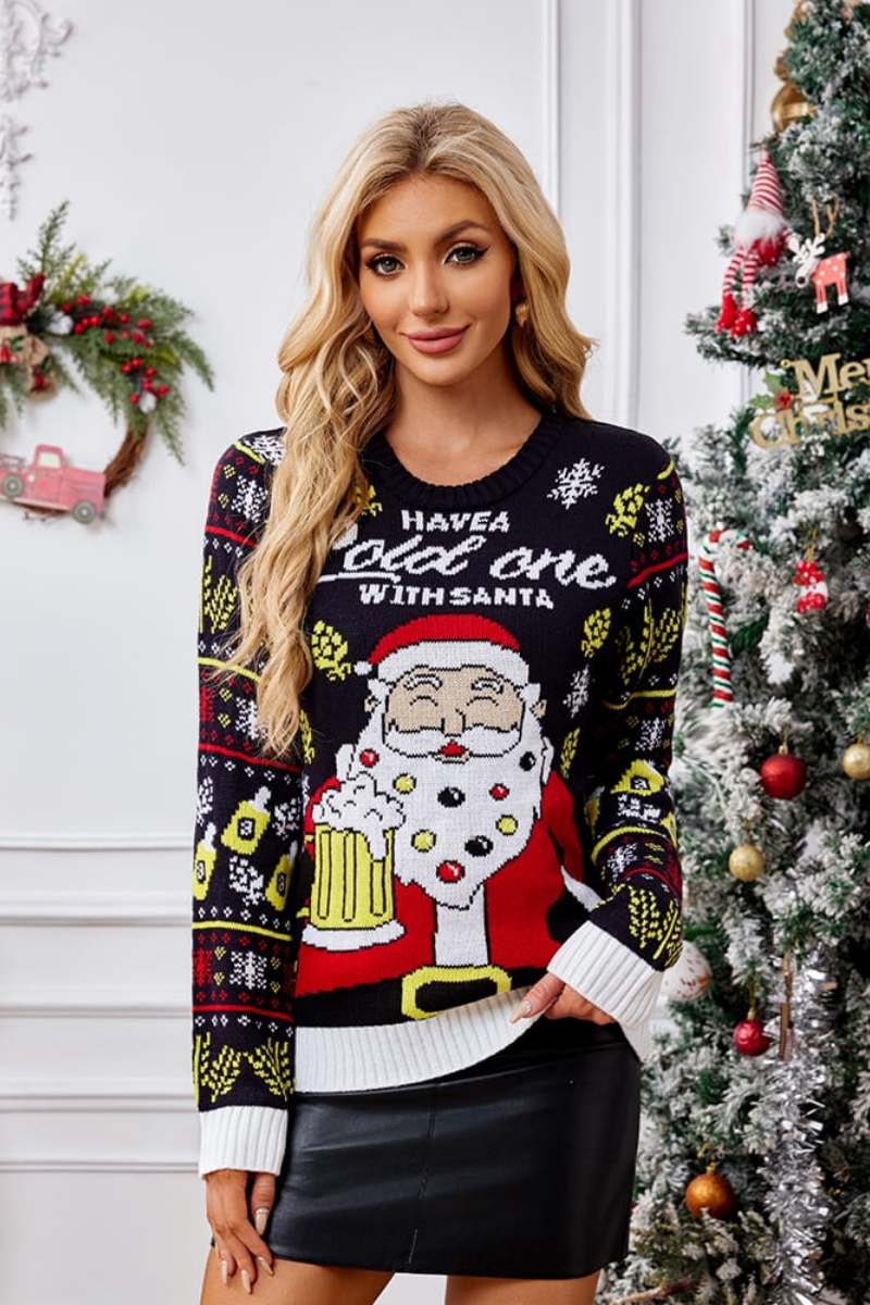 Loverson ™ Günlük Bisiklet Yaka Örgü Kazak – Noel Baba Bira Keyfi