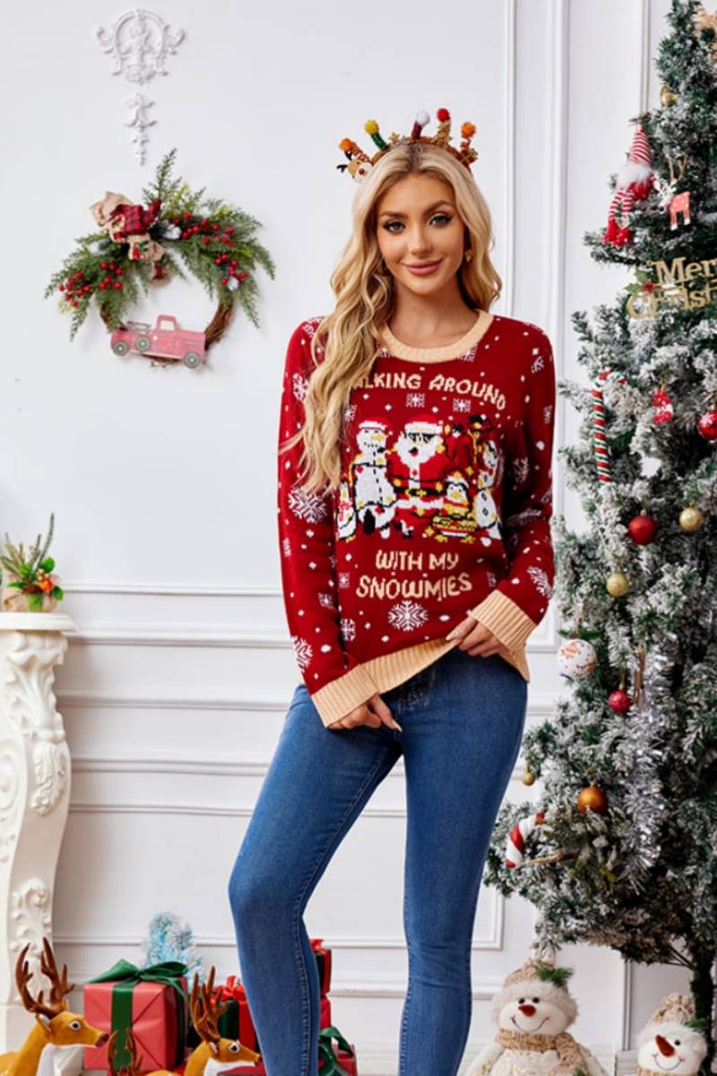 Loverson ™ Günlük Bisiklet Yaka İşlemeli Kazak – Noel Baba ve Penguen
