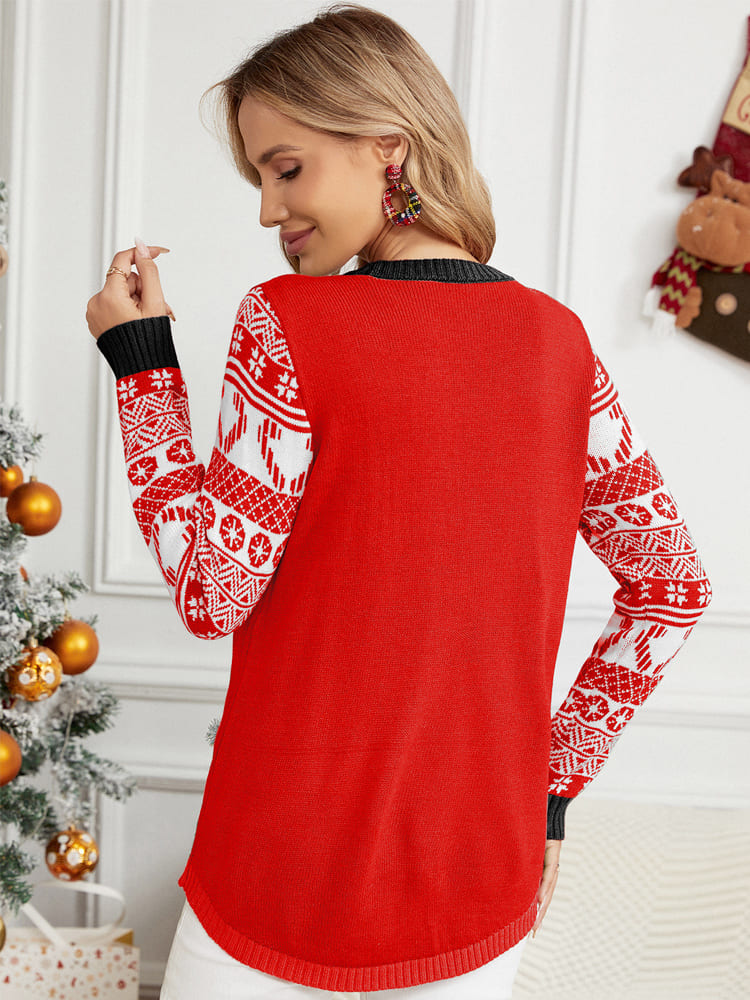 Loverson ™  Noel Uzun Kollu Kedi Aplikeli Yuvarlak Yaka Kazak