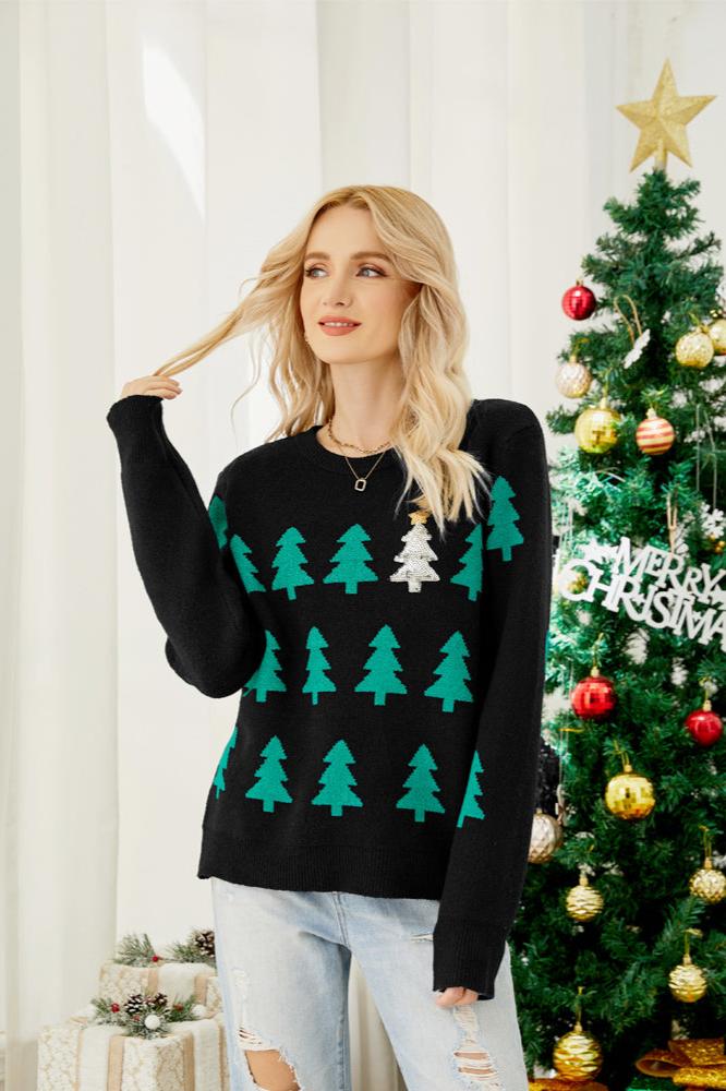 Loverson ™ Parıldayan Payetli Noel Ağacı Örgü Kazak