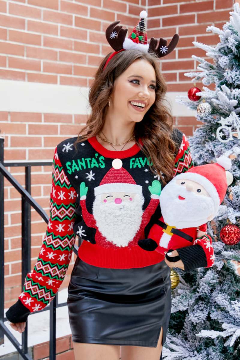 Loverson ™ İşlemeli Noel Baba Desenli Günlük Bisiklet Yaka Örgü Kazak
