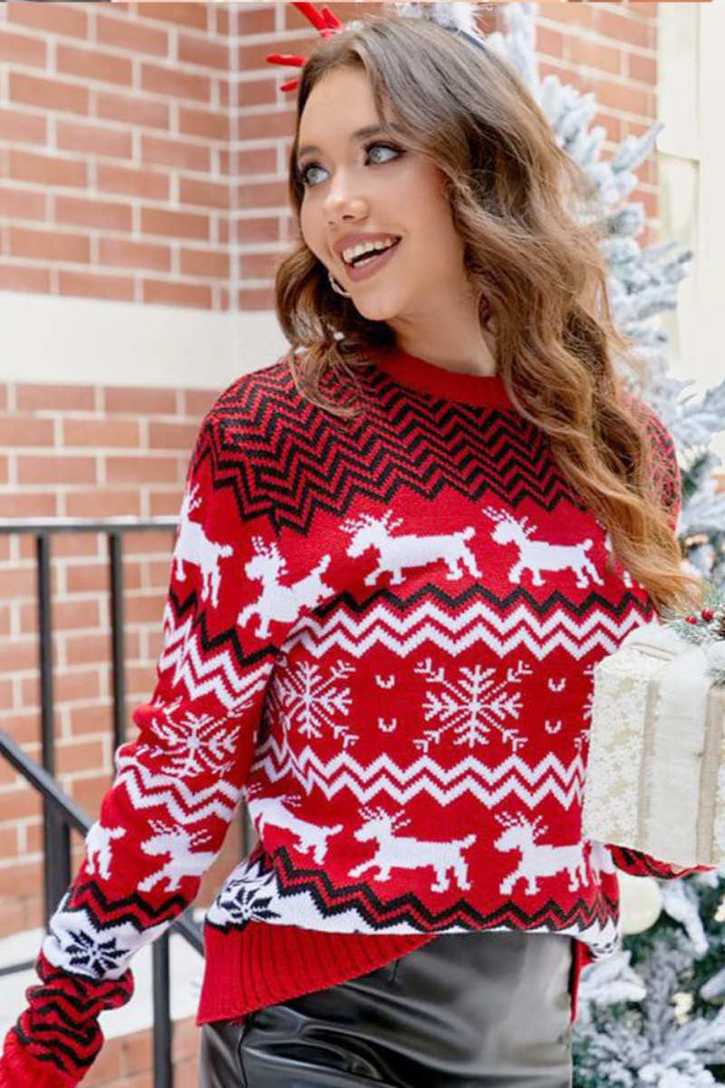Loverson ™ Çizgili Noel Ren Geyiği Örgü Kazak