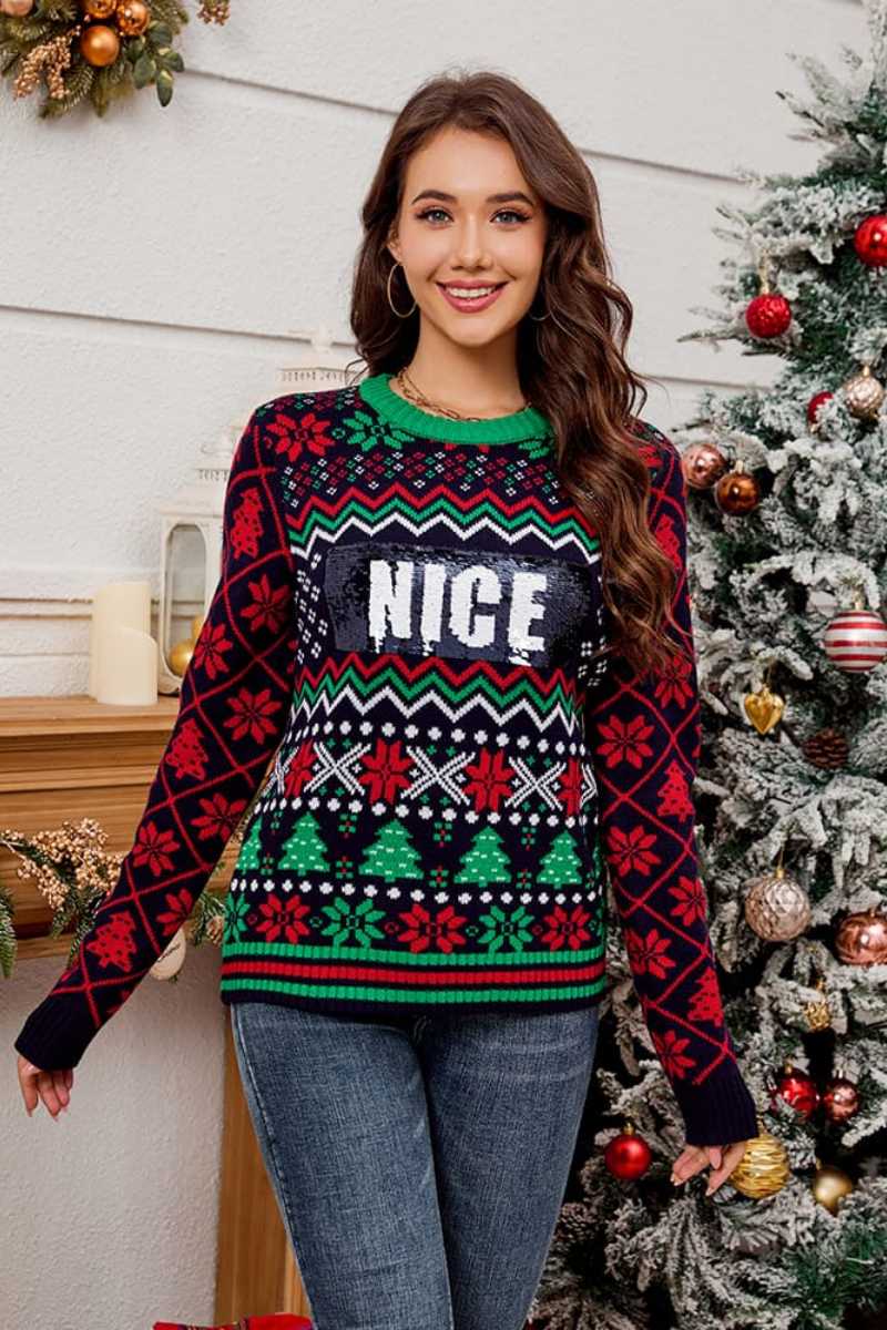 Loverson ™ Payet İşlemeli Noel Jakarlı Örme Kazak