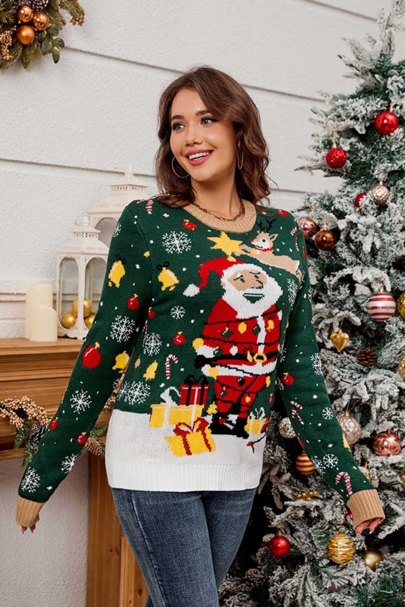 Loverson ™ Noel Baba Yuvarlak Yaka Kazak Örgü Kazak