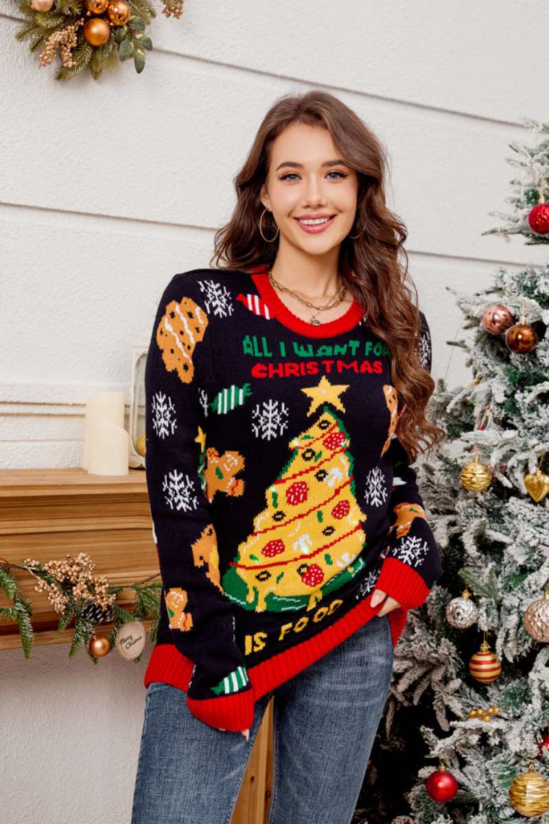 Loverson ™ Günlük Bisiklet Yaka İşlemeli Noel Ağacı Kazak