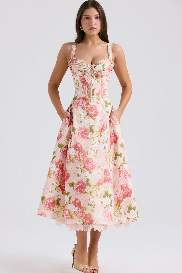 Loverson™ Celestina Gül Bahçesi Korse Detaylı Midi Elbise