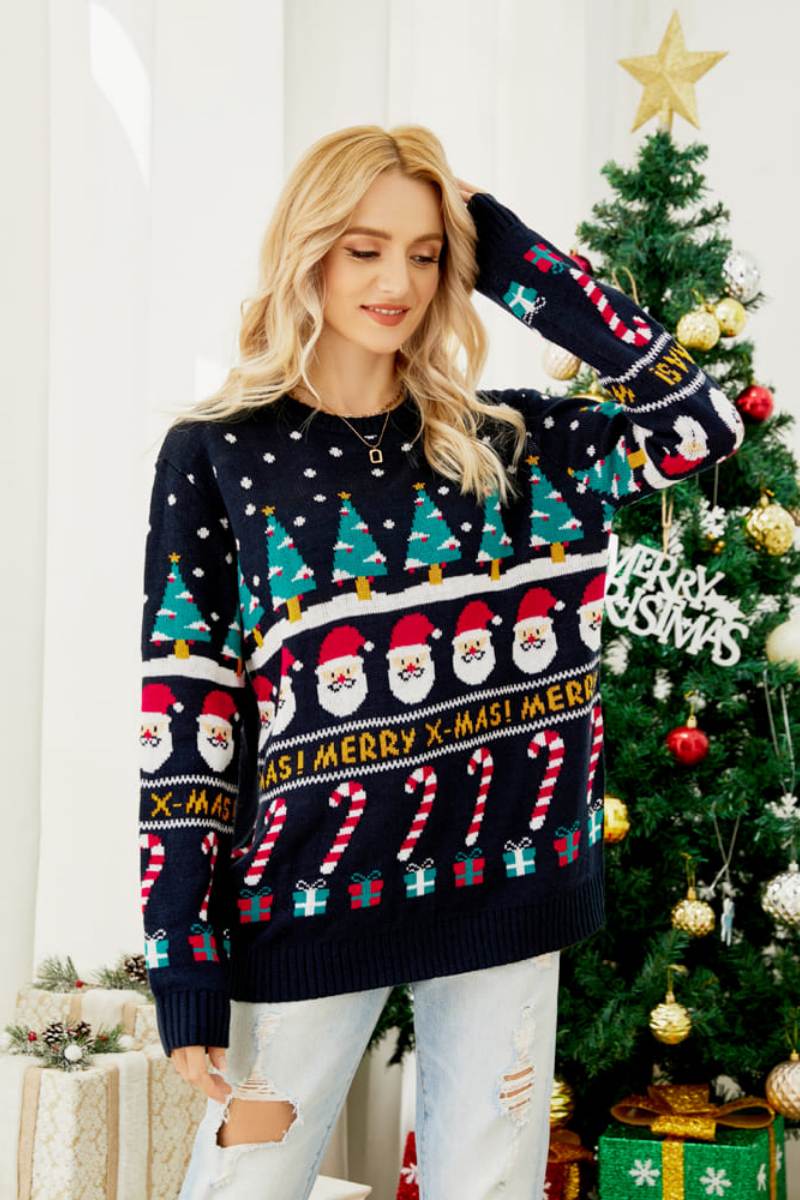 Loverson ™ Yuvarlak Yaka Bol Kesim Noel Temalı Örgü Kazak