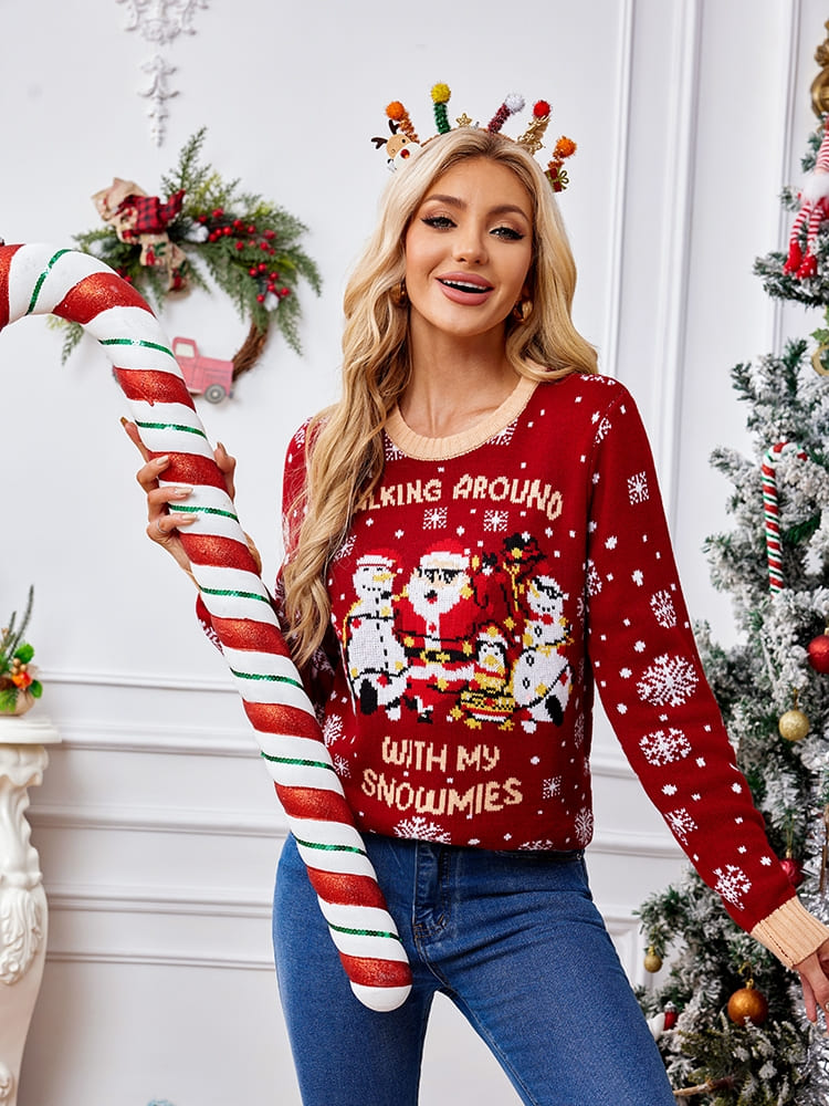 Loverson ™ Günlük Bisiklet Yaka İşlemeli Kazak – Noel Baba ve Penguen