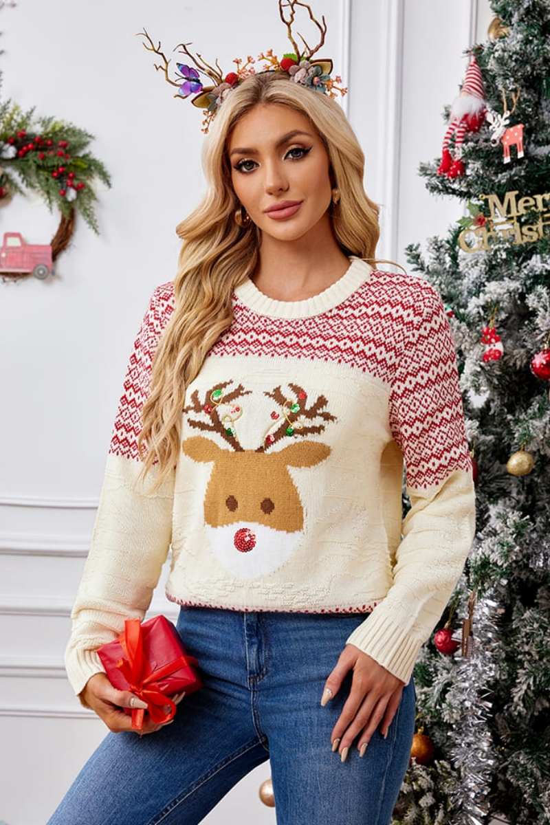 Loverson ™ Noel Yuvarlak Yaka İşlemeli Örgü Kazak
