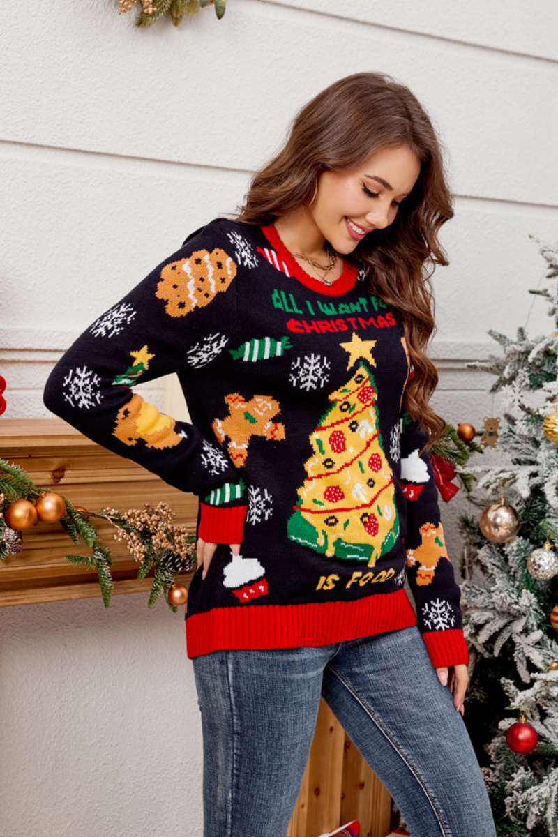 Loverson ™ Günlük Bisiklet Yaka İşlemeli Noel Ağacı Kazak