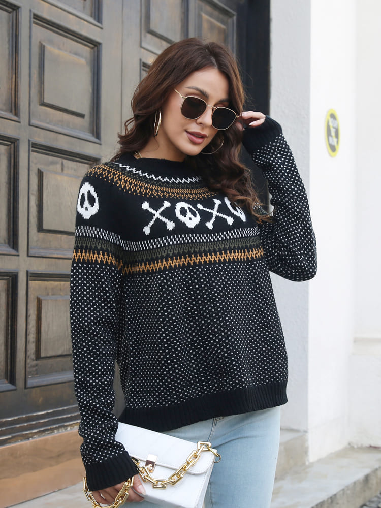 Loverson ™ Retro Kafatası Desenli Yuvarlak Yaka Örgü Kazak