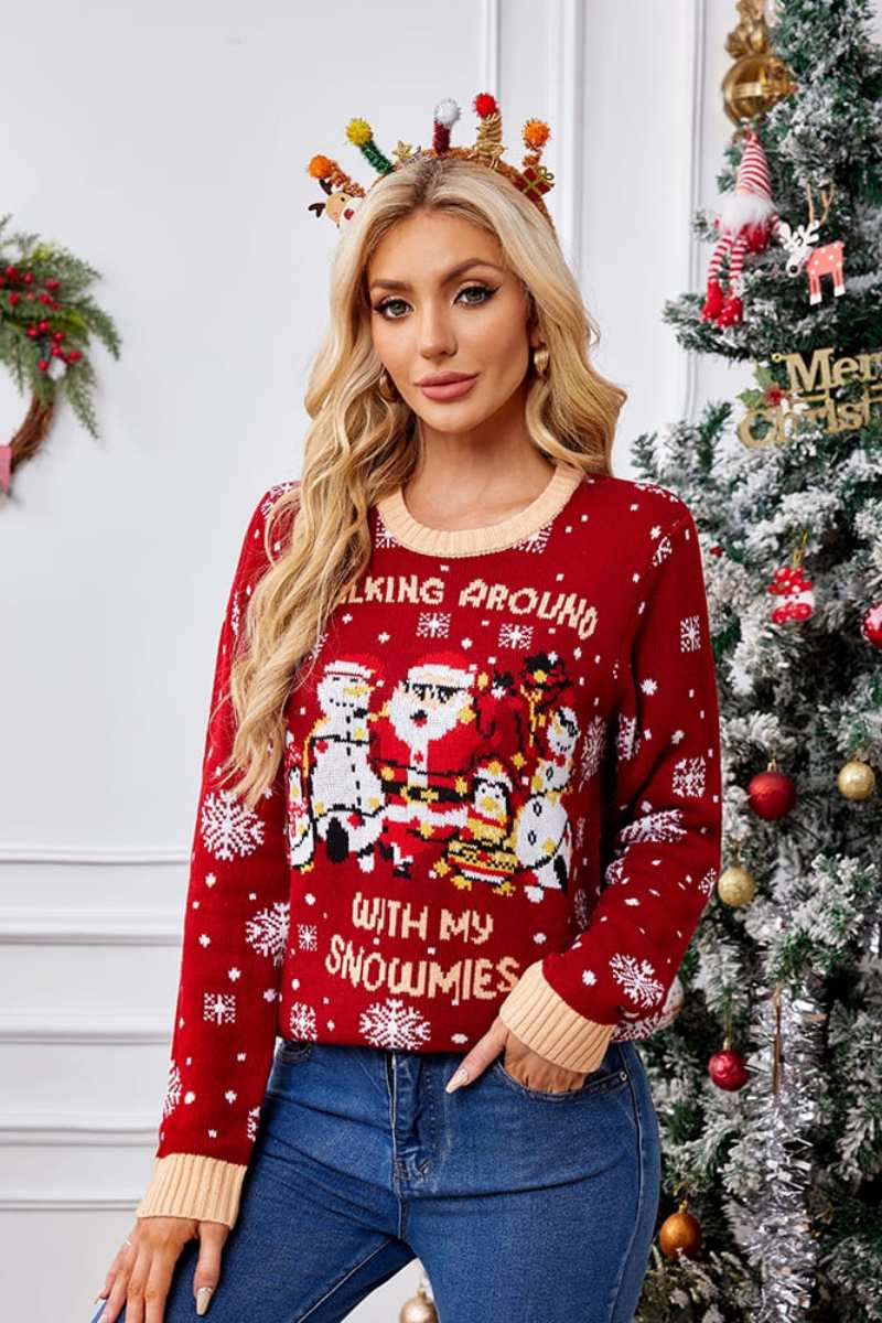 Loverson ™ Günlük Bisiklet Yaka İşlemeli Kazak – Noel Baba ve Penguen