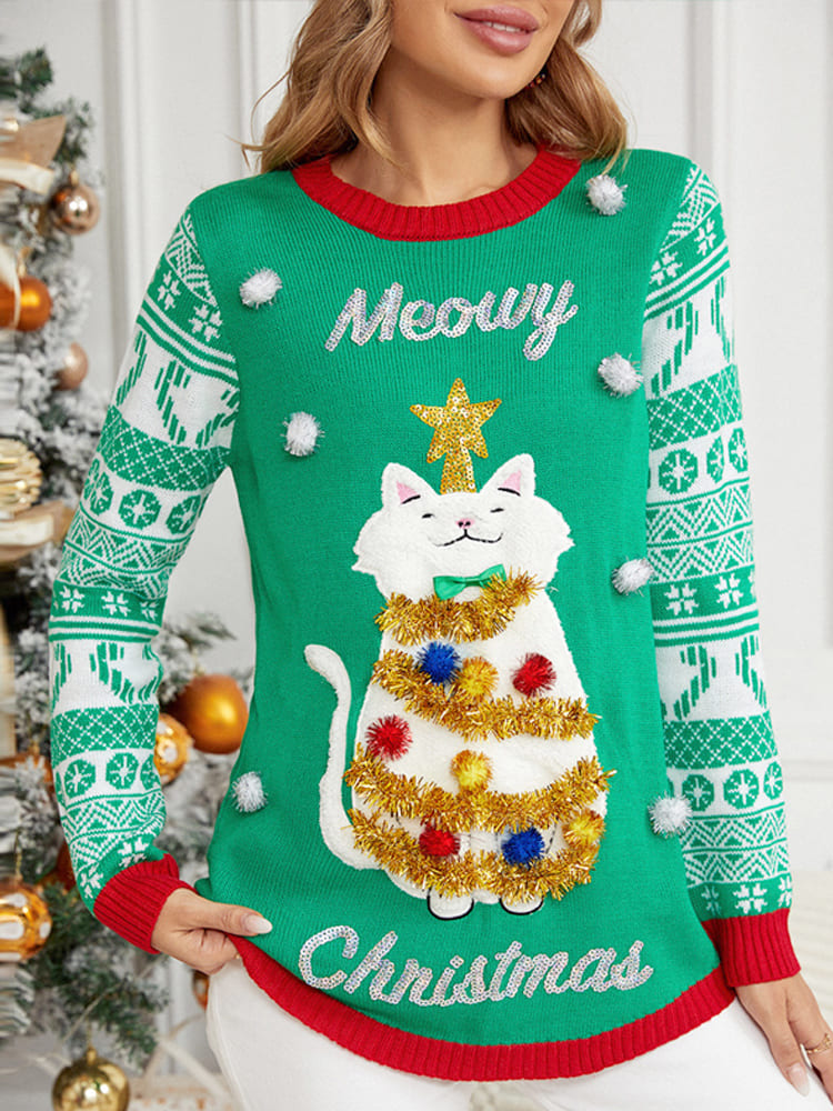 Loverson ™  Noel Uzun Kollu Kedi Aplikeli Yuvarlak Yaka Kazak