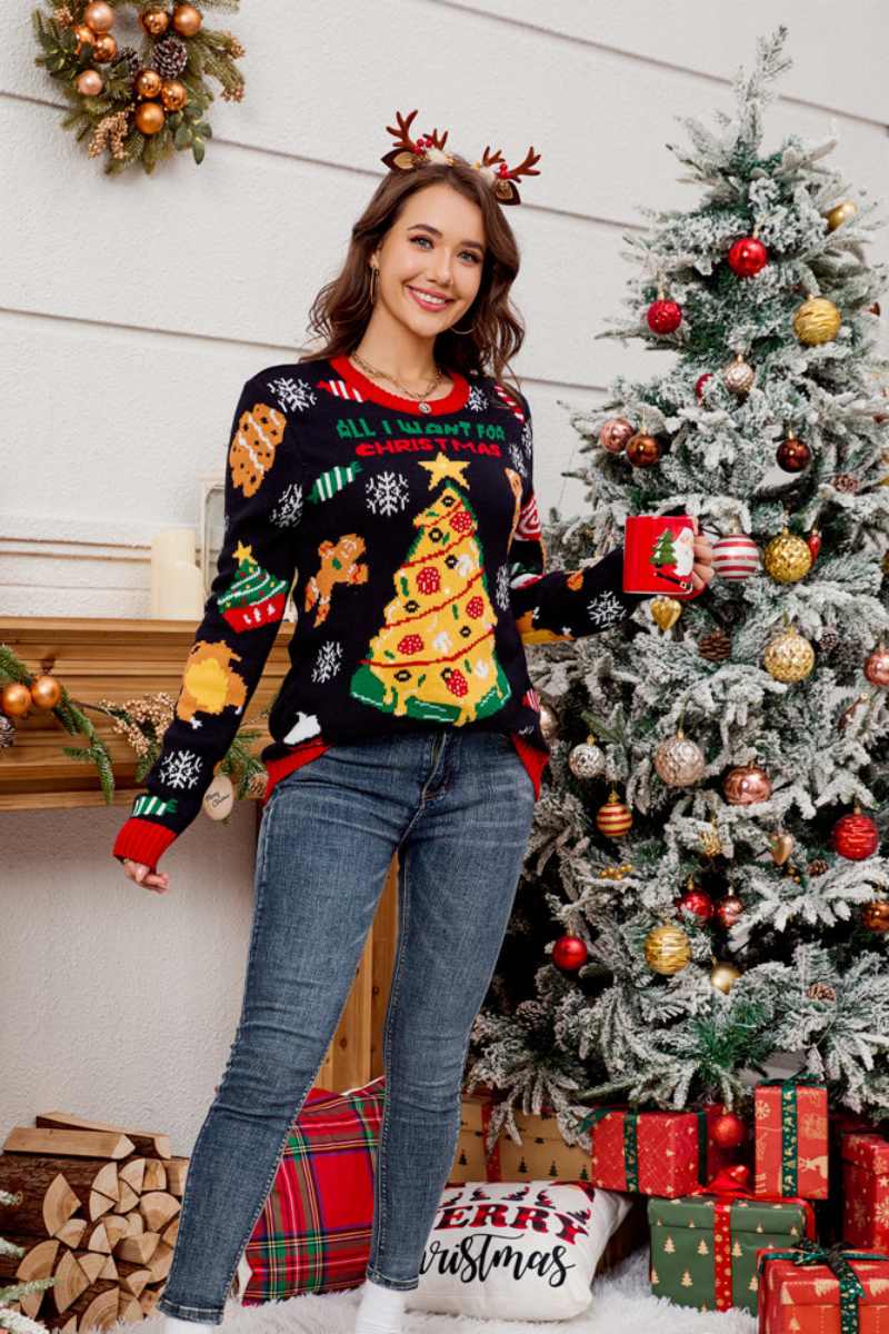 Loverson ™ Günlük Bisiklet Yaka İşlemeli Noel Ağacı Kazak