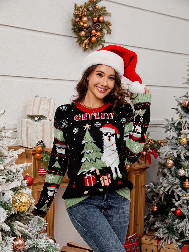 Loverson ™ Bisiklet Yaka İşlemeli Örgü Kazak – Alpaka ve Noel Ağacı