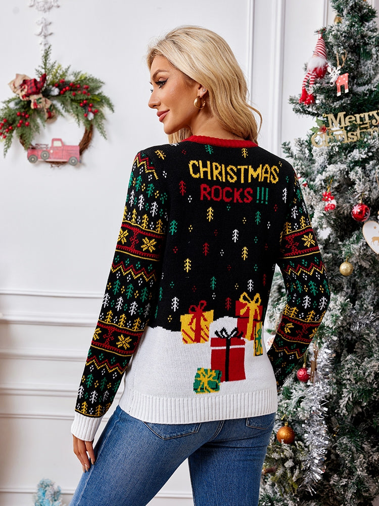 Loverson ™ Örgü Bisiklet Loverson ™ Yaka İşlemeli Kazak – Noel Baba ve Müzik Notaları