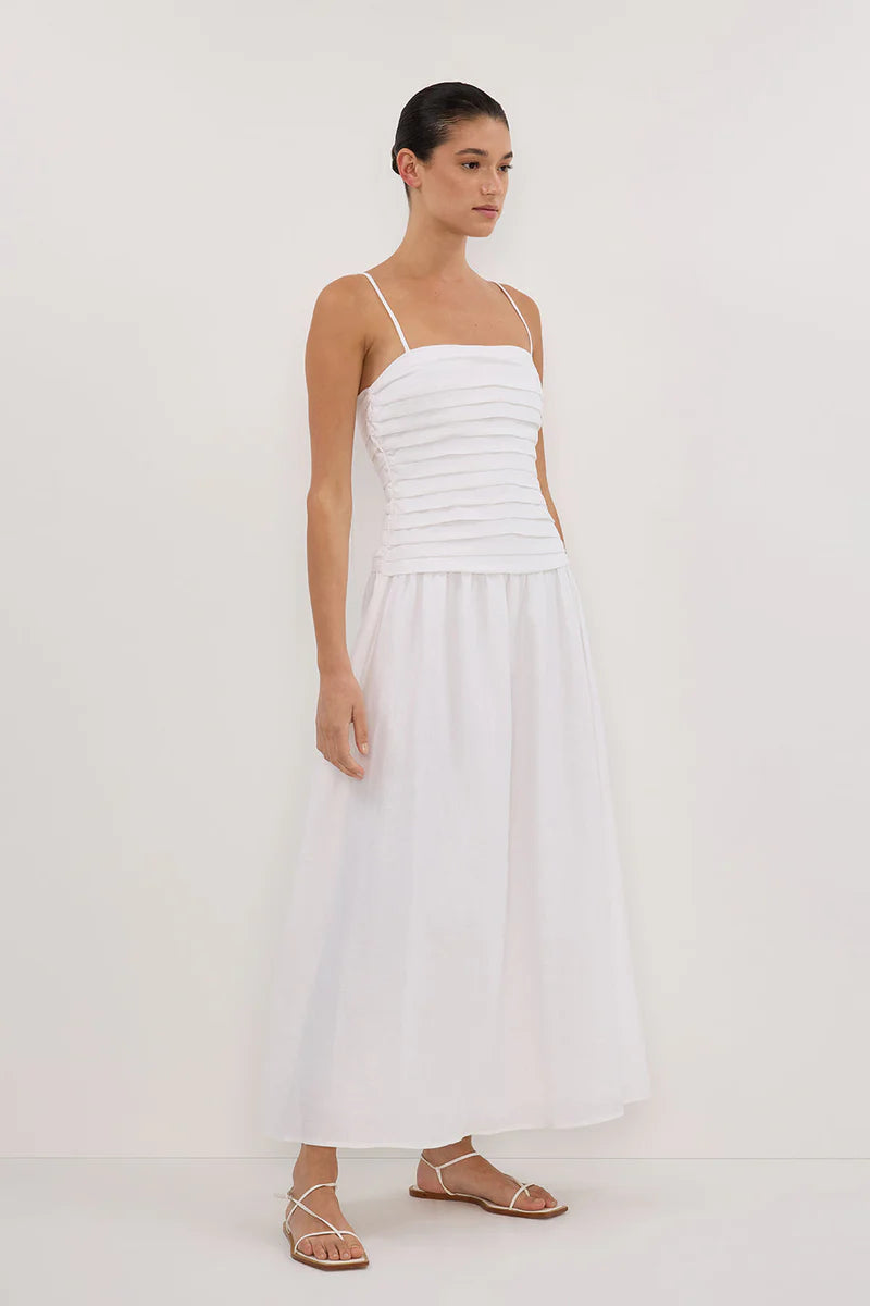 Loverson™ Beyaz Keten Midi Elbise