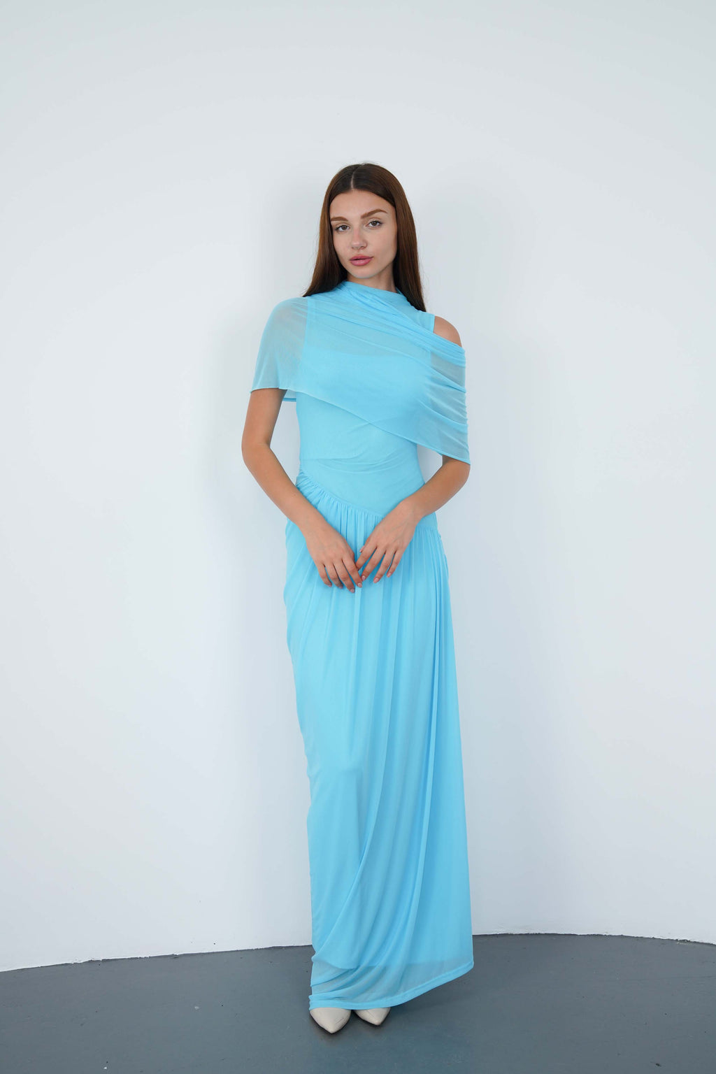 Loverson™ Mavi Asimetrik Pileli Maxi Elbise