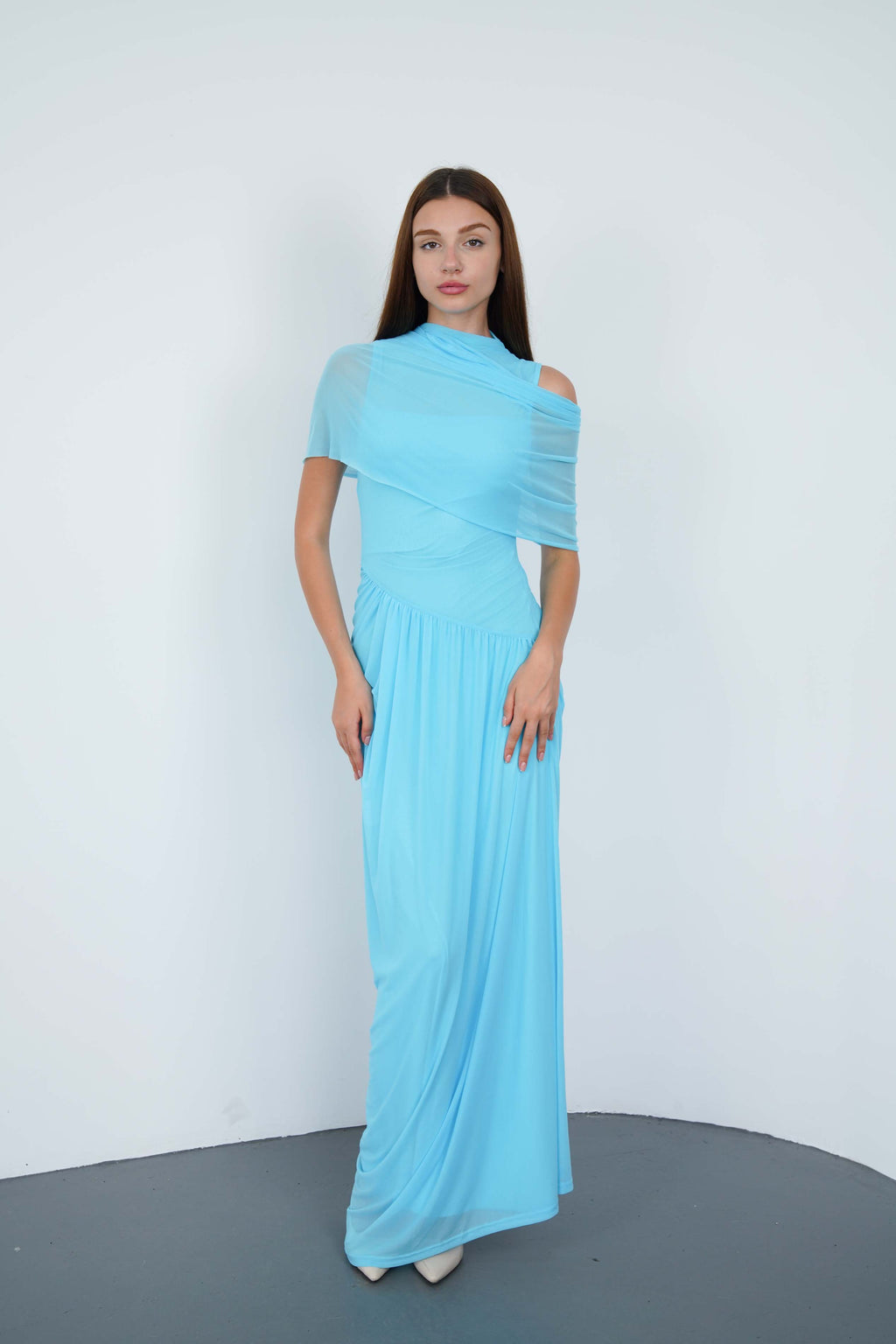 Loverson™ Mavi Asimetrik Pileli Maxi Elbise
