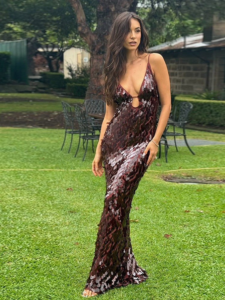Loverson™ Kailani Işıltılı Balık Form Maxi Elbise
