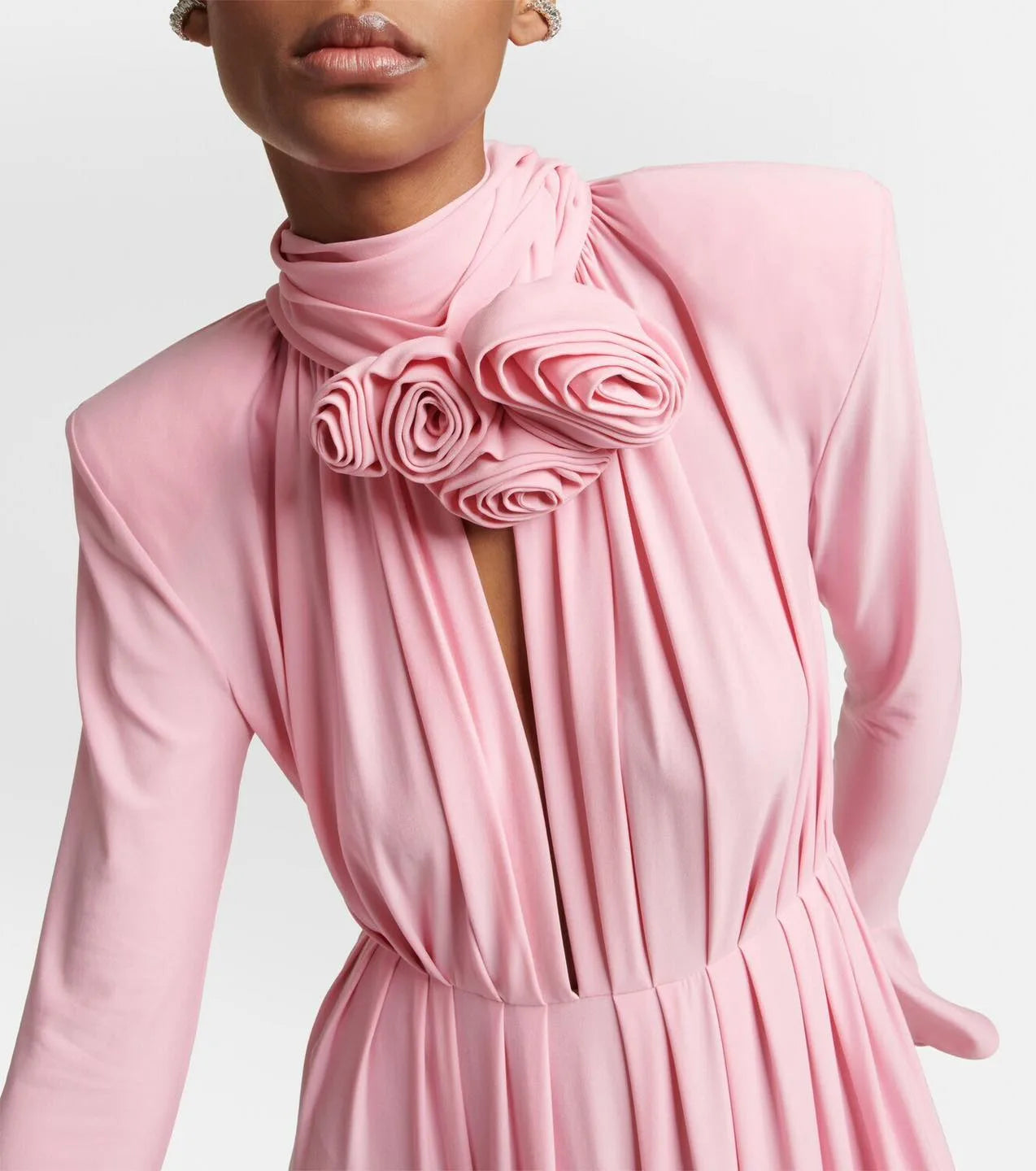 Loverson™ Rosé Bloom Uzun Kollu Drapeli Maxi Elbise – Pudra Pembe