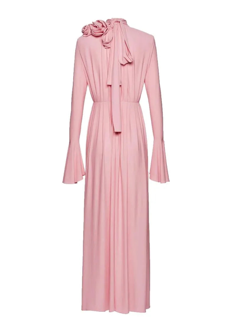 Loverson™ Rosé Bloom Uzun Kollu Drapeli Maxi Elbise – Pudra Pembe