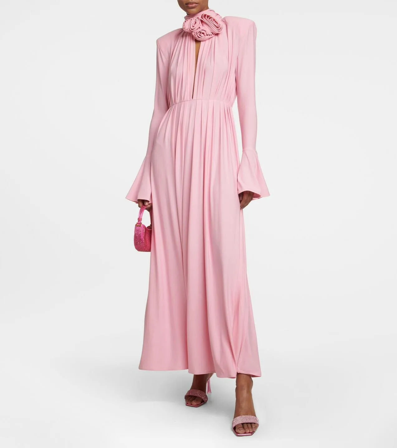 Loverson™ Rosé Bloom Uzun Kollu Drapeli Maxi Elbise – Pudra Pembe