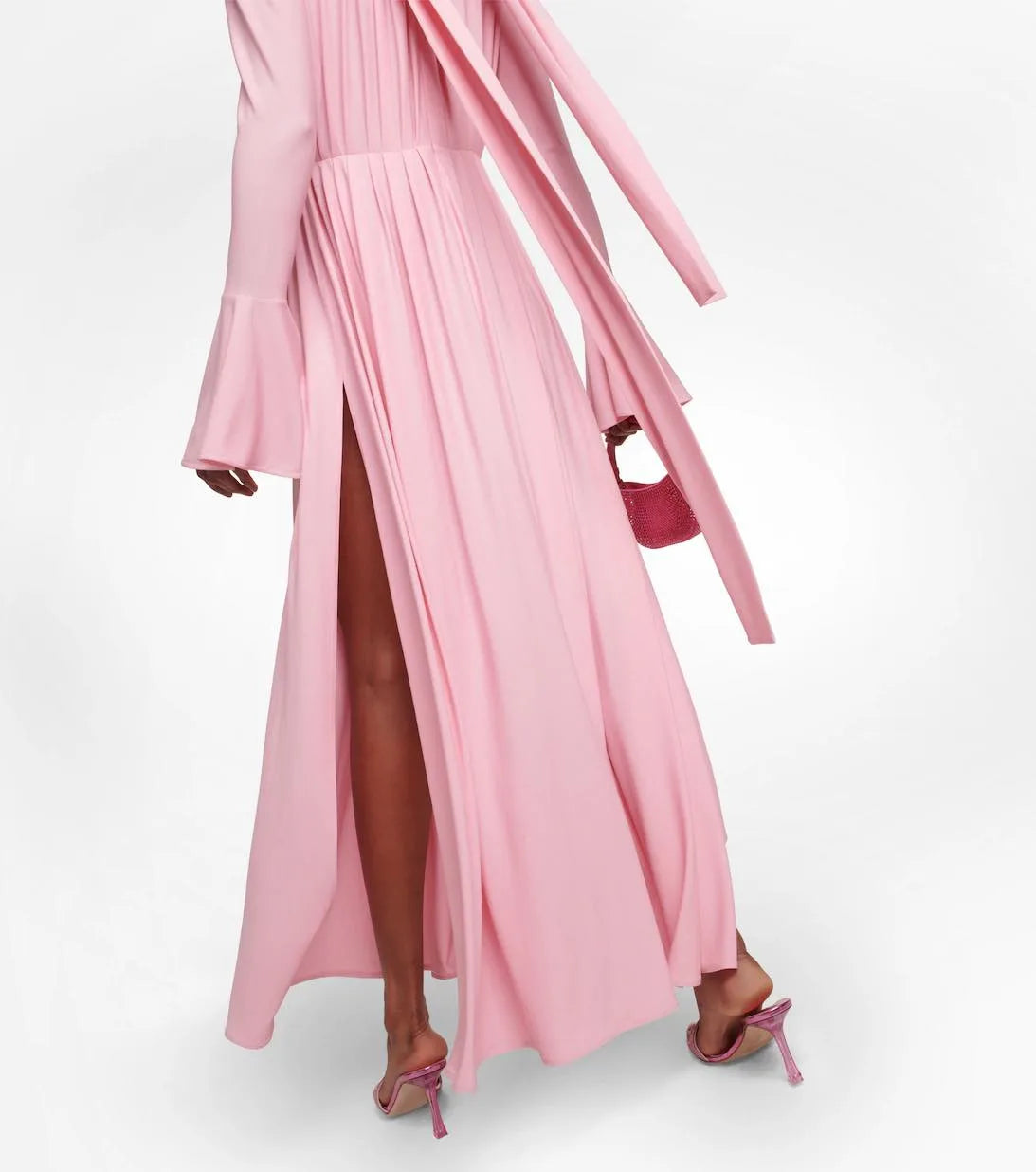 Loverson™ Rosé Bloom Uzun Kollu Drapeli Maxi Elbise – Pudra Pembe