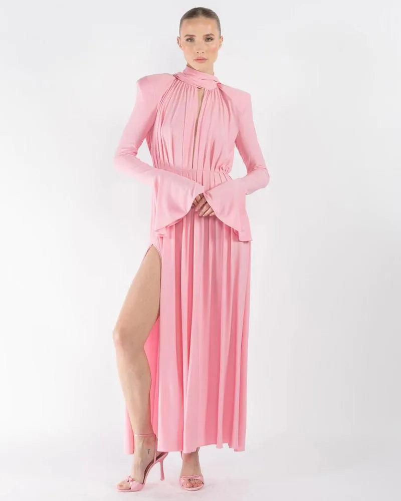 Loverson™ Rosé Bloom Uzun Kollu Drapeli Maxi Elbise – Pudra Pembe