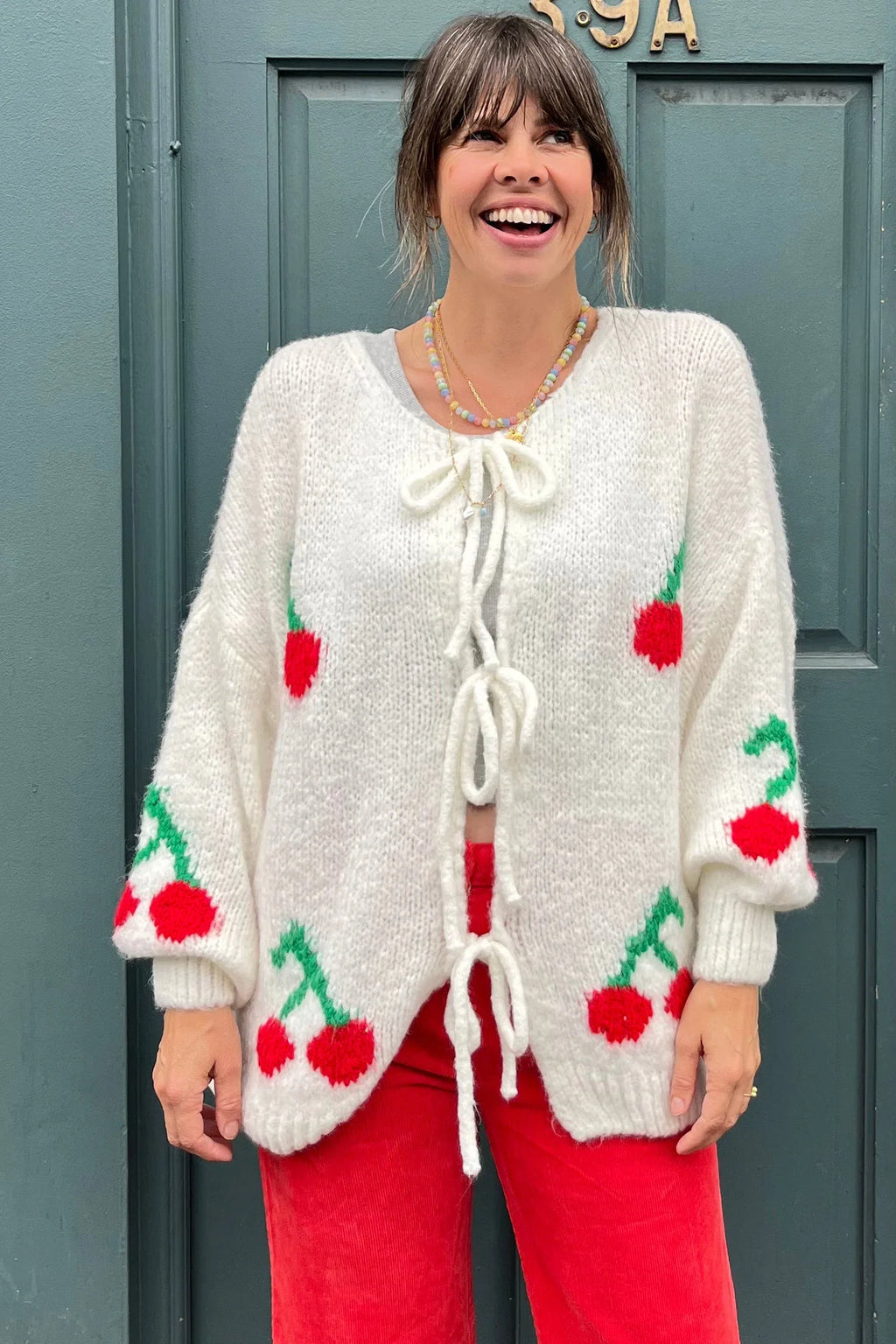 Loverson™ Kiraz Kravat Mohair Karışımı Kardigan - Krem