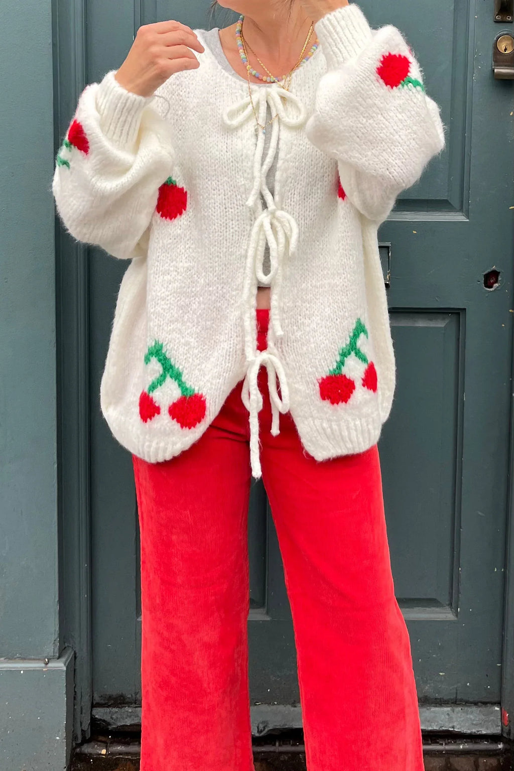 Loverson™ Kiraz Kravat Mohair Karışımı Kardigan - Krem