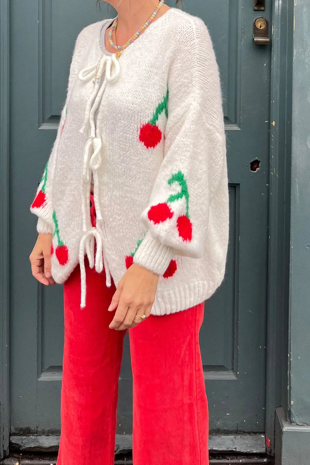 Loverson™ Kiraz Kravat Mohair Karışımı Kardigan - Krem