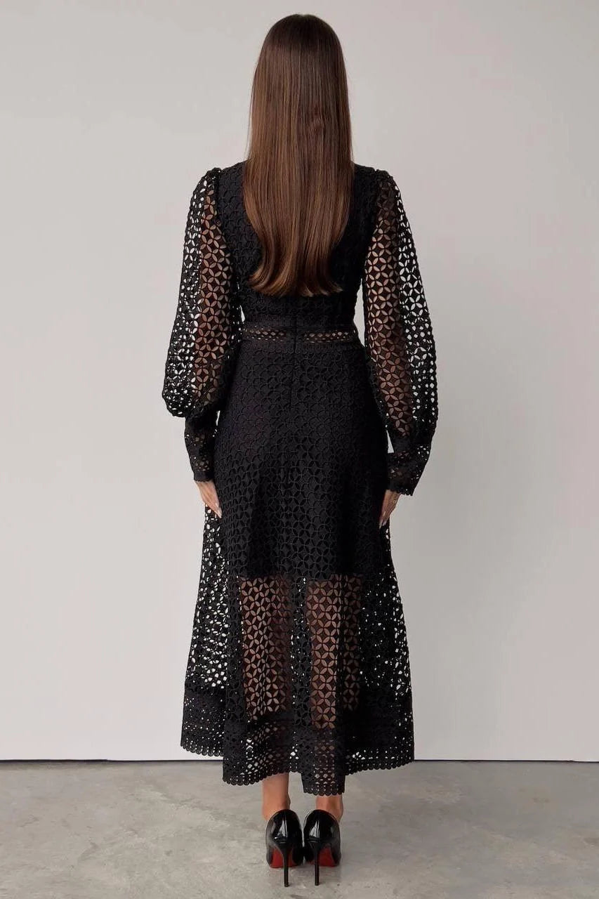 Solid Lace Lantern Midi Elbise
