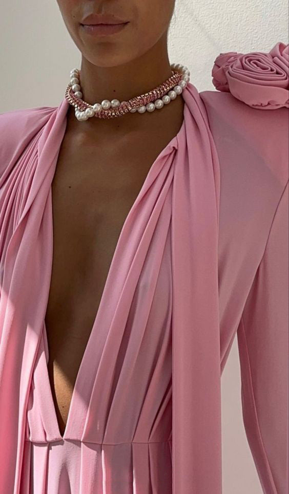 Loverson™ Rosé Bloom Uzun Kollu Drapeli Maxi Elbise – Pudra Pembe