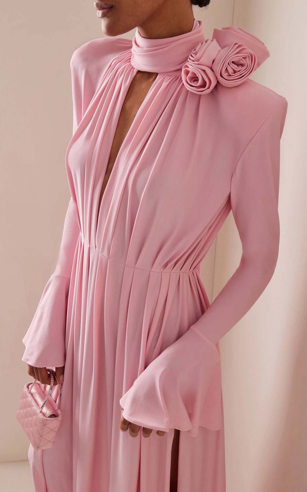 Loverson™ Rosé Bloom Uzun Kollu Drapeli Maxi Elbise – Pudra Pembe