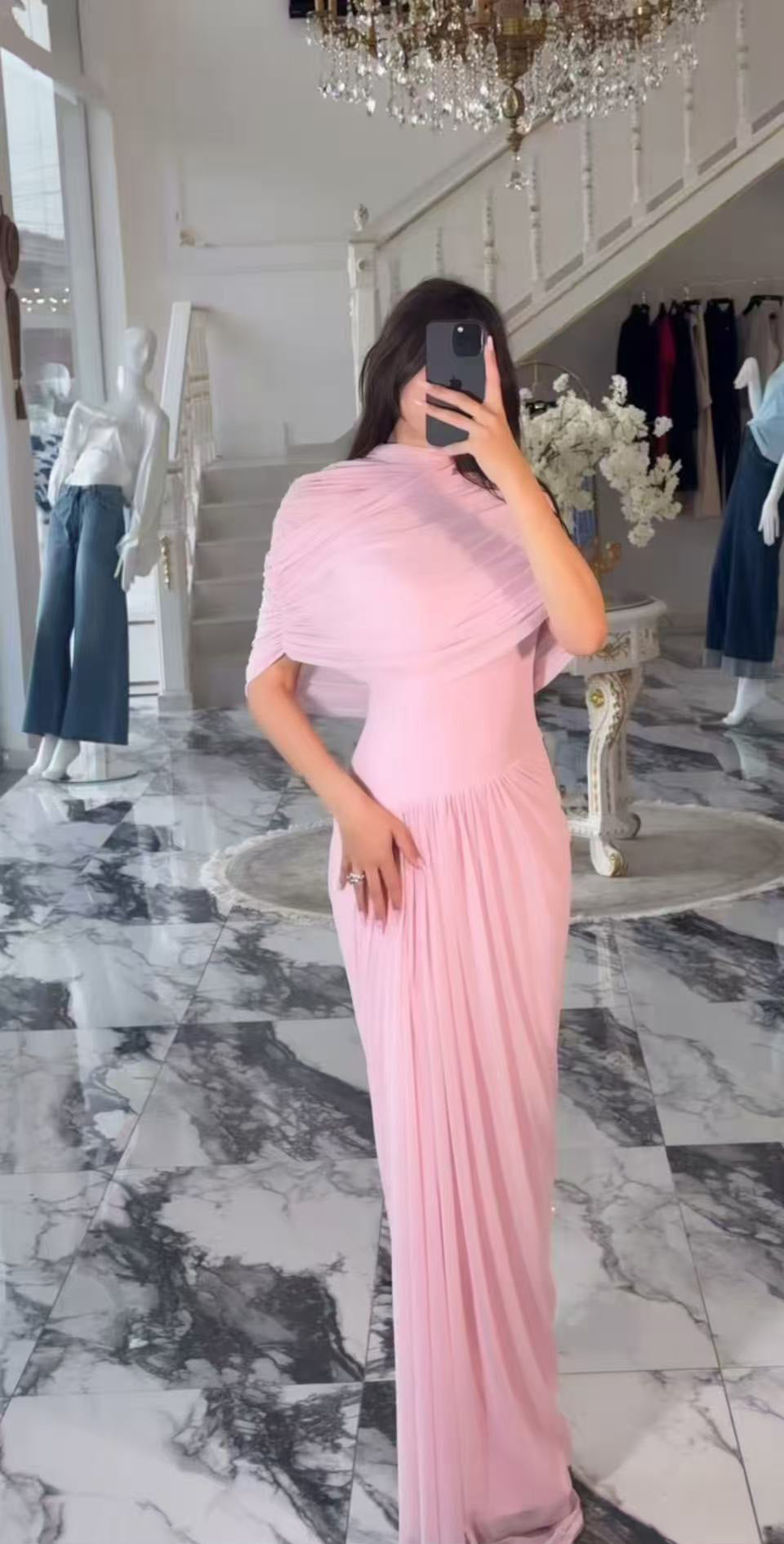 Loverson™ Mavi Asimetrik Pileli Maxi Elbise