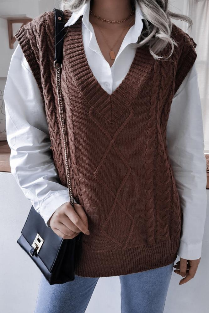 Loverson ™ Düz Renk Geometrik Kazak Yelek
