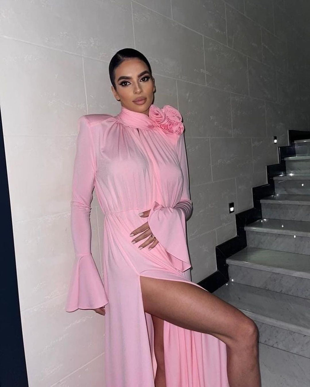 Loverson™ Rosé Bloom Uzun Kollu Drapeli Maxi Elbise – Pudra Pembe