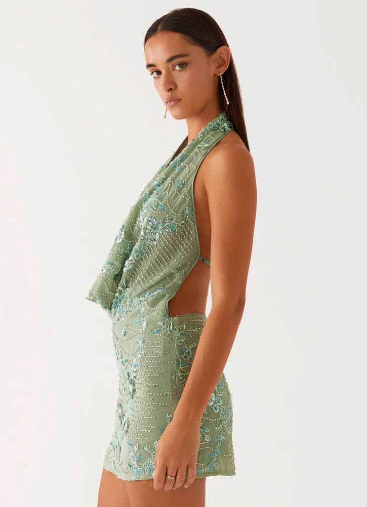 Loverson™ Mint Sparkle Işıltılı Drape Yaka Mini Elbise