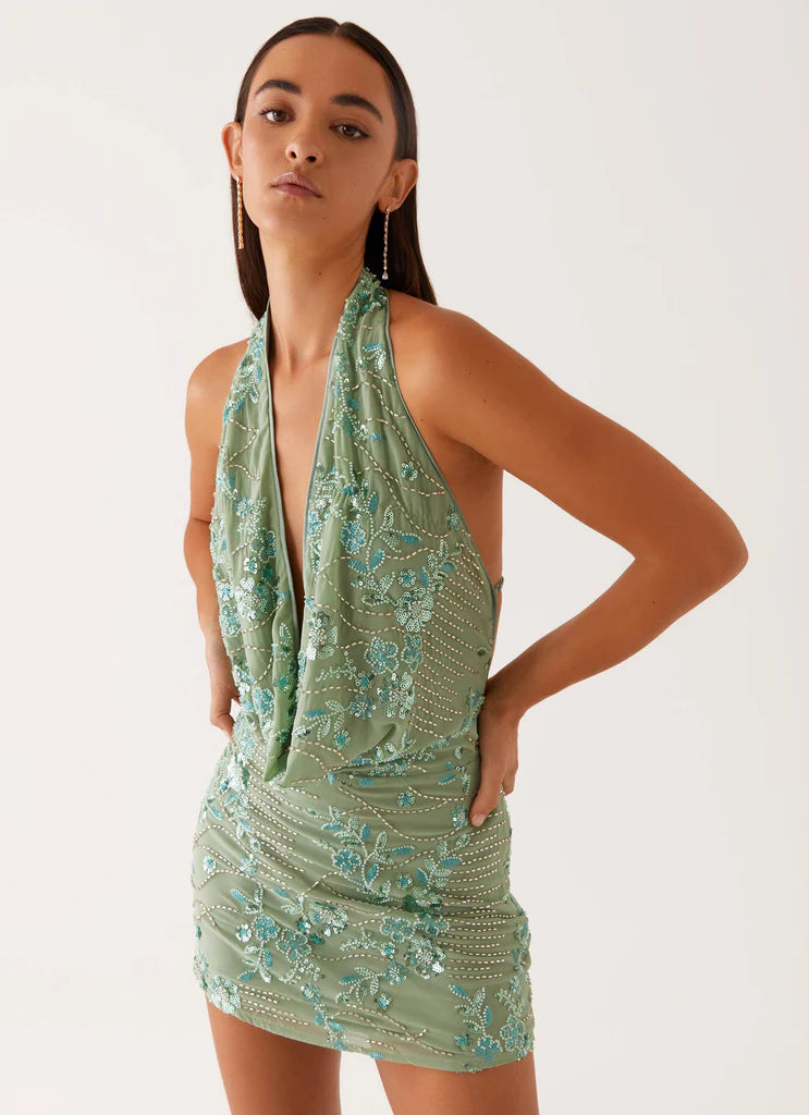 Loverson™ Mint Sparkle Işıltılı Drape Yaka Mini Elbise