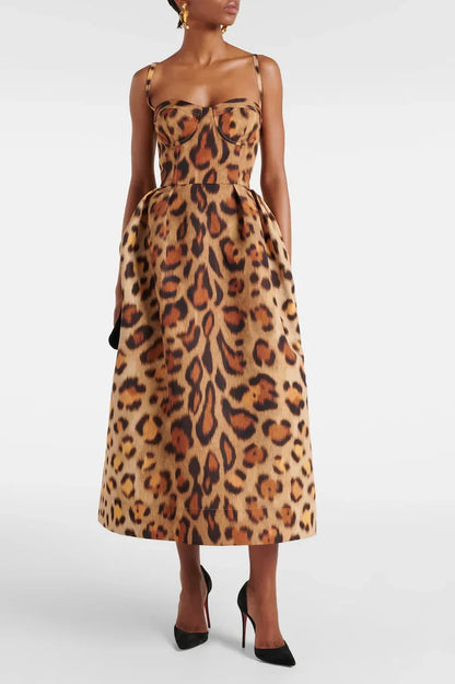 Loverson™  Leopar Desenli Büstiyer Midi Elbise