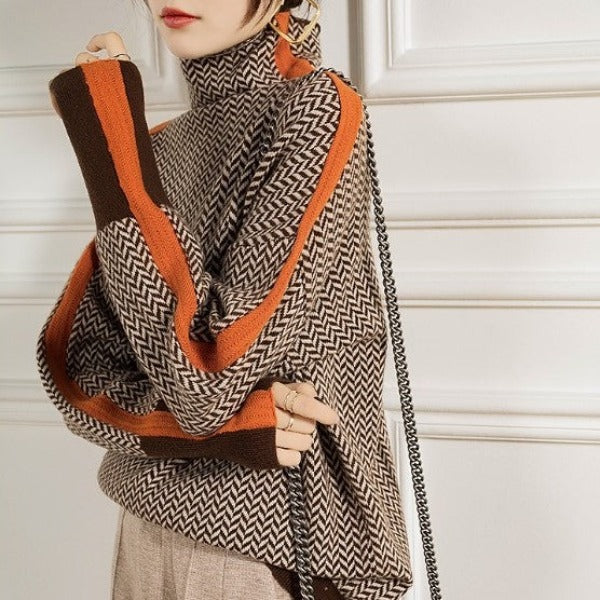 Loverson™ Kontrast Çizgili Yüksek Yaka Kazak