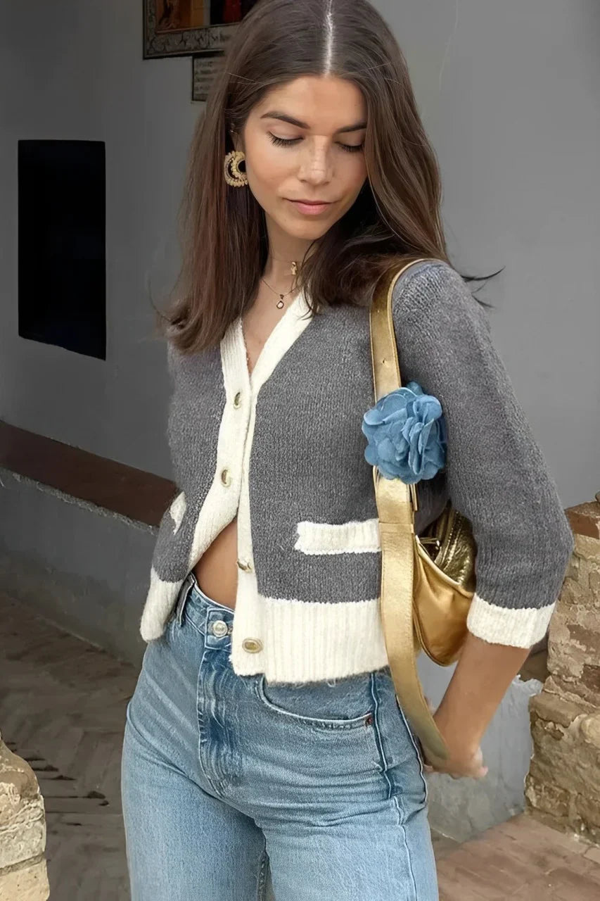 Loverson™ Kontrast Kenarlı İnce Örgü Hırka