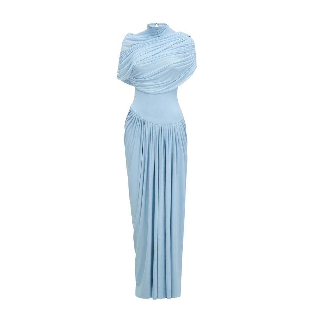 Loverson™ Mavi Asimetrik Pileli Maxi Elbise